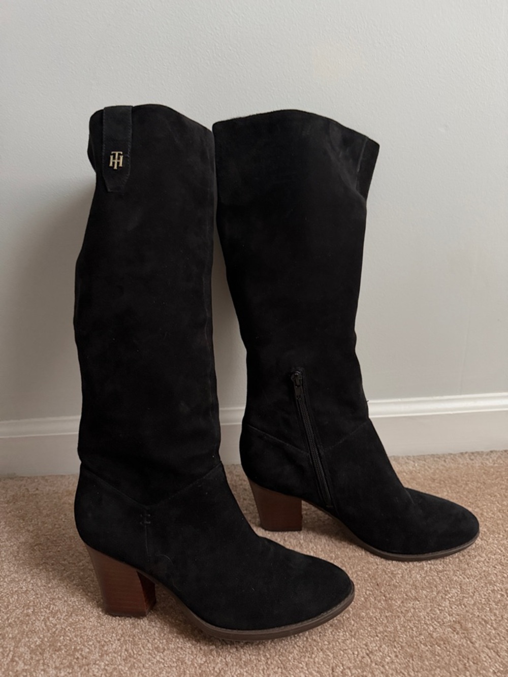 Tommy Hilfiger Black Suede Knee-High Block Heel Boots